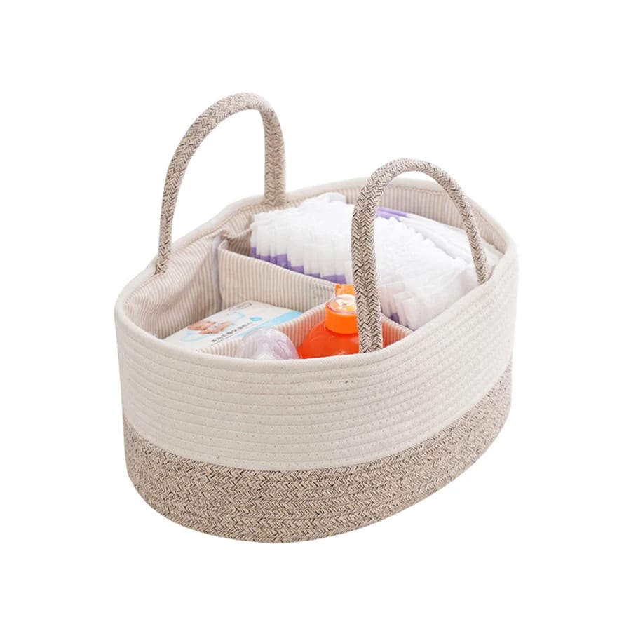 Cotton rope diaper caddy with dividers holding diapers and wipes
