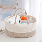 Cotton rope diaper caddy with dividers holding diapers and wipes