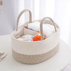 Cotton rope diaper caddy with dividers holding diapers and wipes