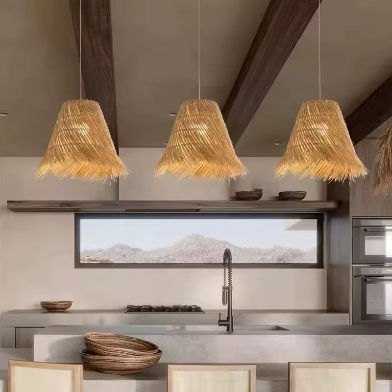 Modern pendant light with hand woven rattan arches radiating around the diffuser