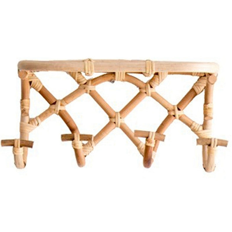 Crisscross woven rattan wall coat rack with four hooks and a top shelf