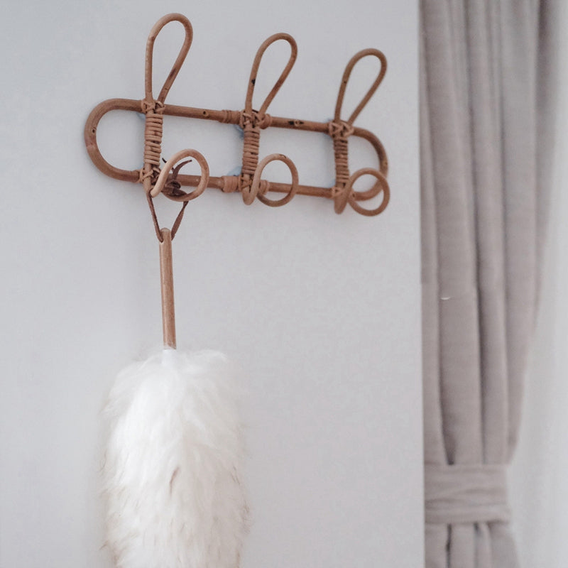 Round hand woven dark rattan wall hook with three hooks