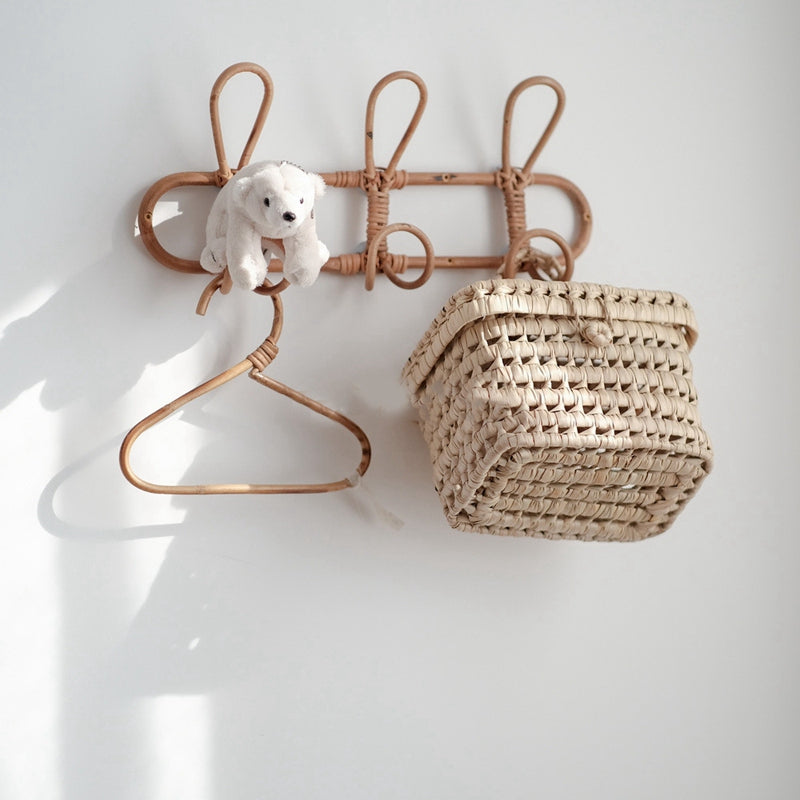 Round hand woven dark rattan wall hook with three hooks