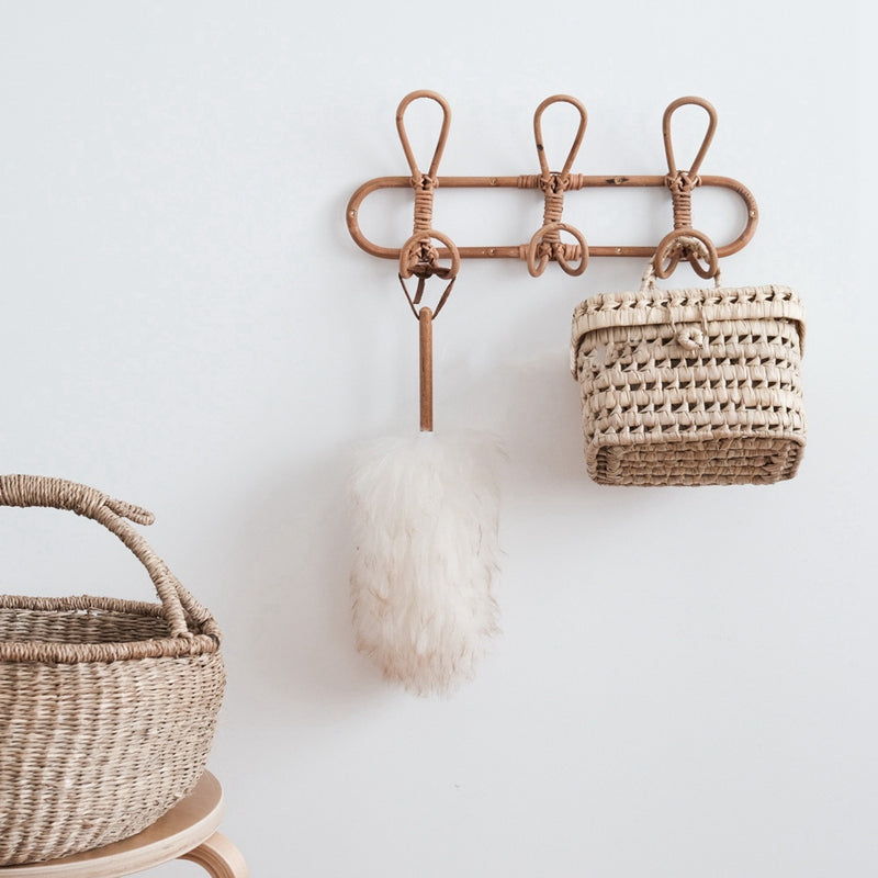 Round hand woven dark rattan wall hook with three hooks