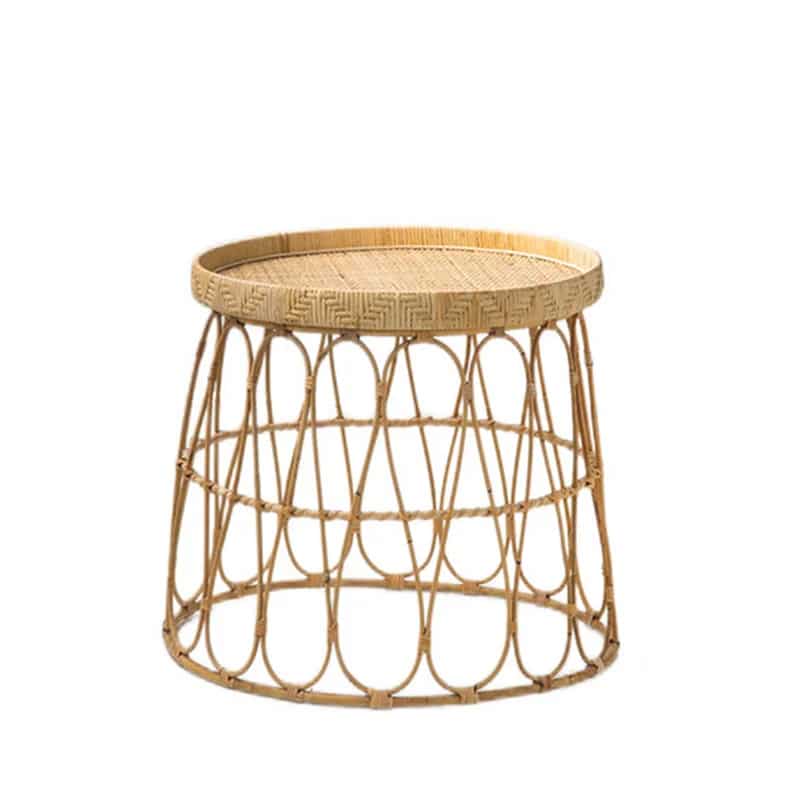Designer side table hand woven in beige wicker with clean curves