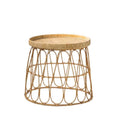 Designer side table hand woven in beige wicker with clean curves