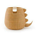 Rattan storage basket shaped like a dinosaur with woven spikes and tail