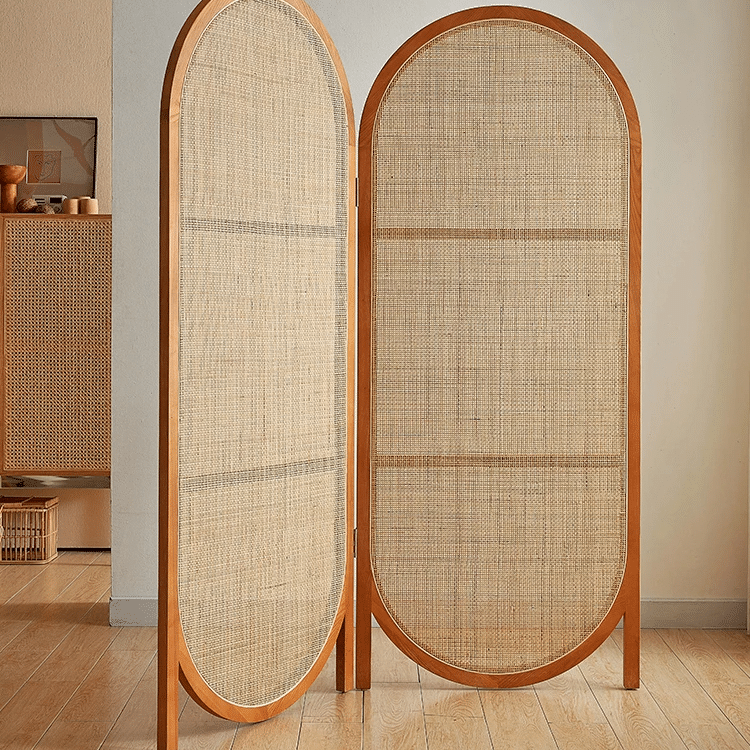 Two panel room divider with rounded oval tops in hand woven natural rattan