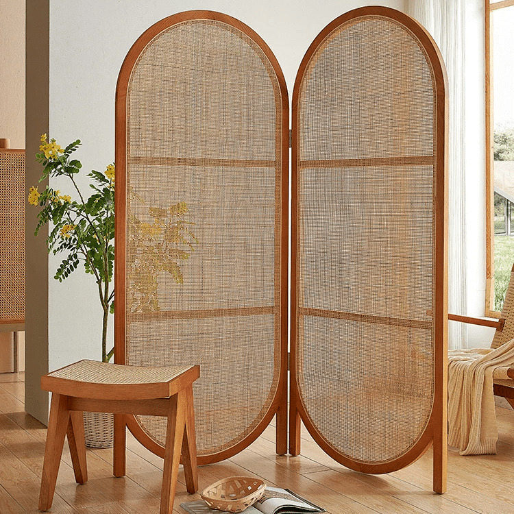 Two panel room divider with rounded oval tops in hand woven natural rattan