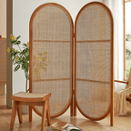 Two panel room divider with rounded oval tops in hand woven natural rattan