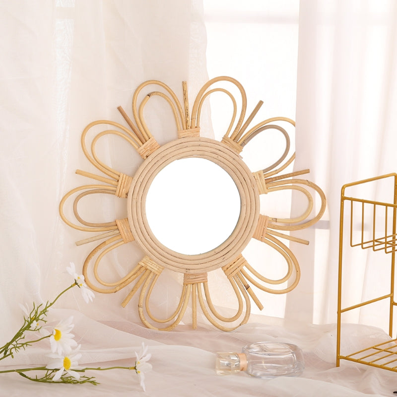 Rattan mirror with double layered petal loops