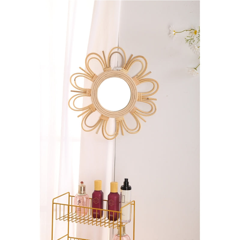 Rattan mirror with double layered petal loops