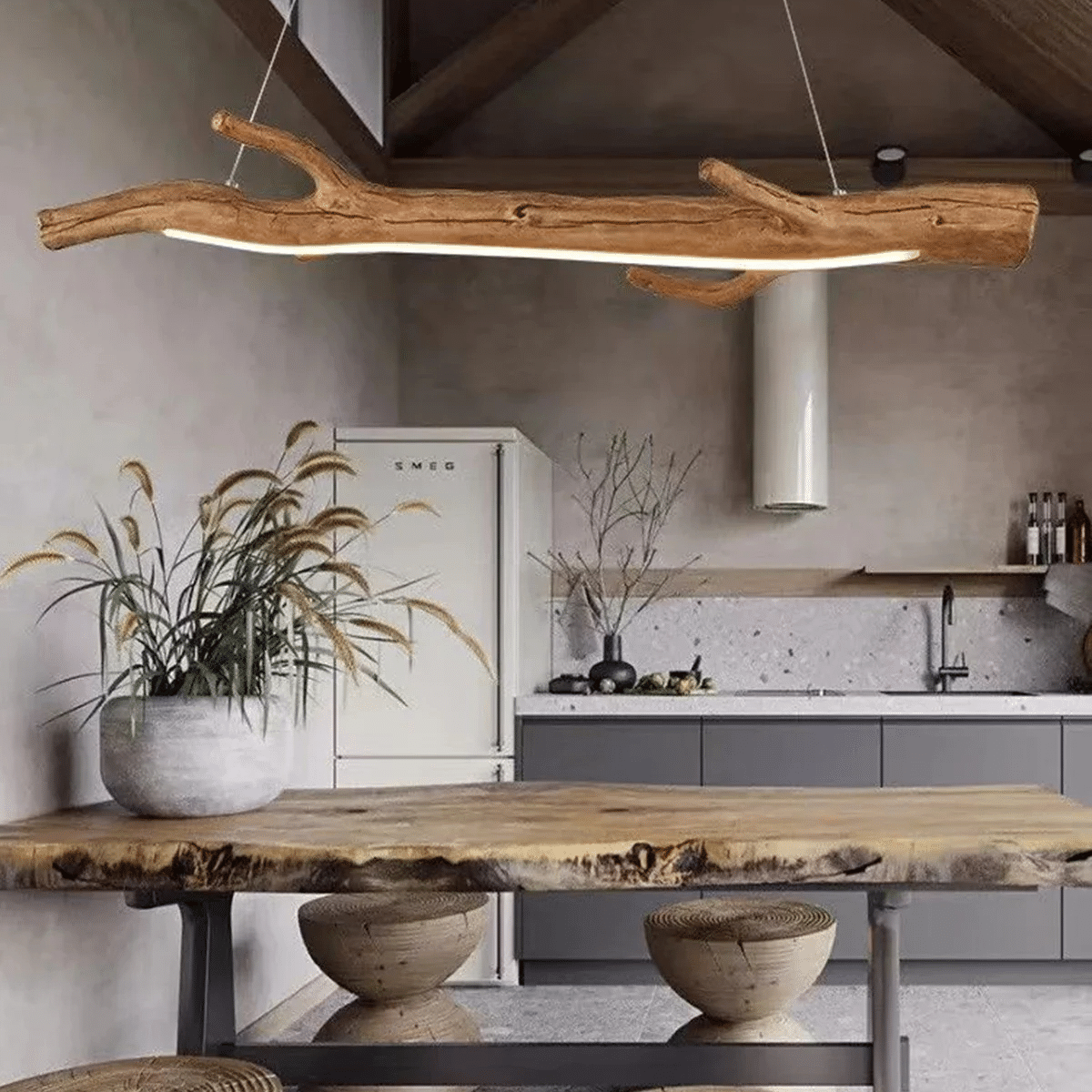 Long driftwood look resin LED pendant light with a textured weathered finish