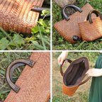 Hand woven rattan bag with polished wooden handles