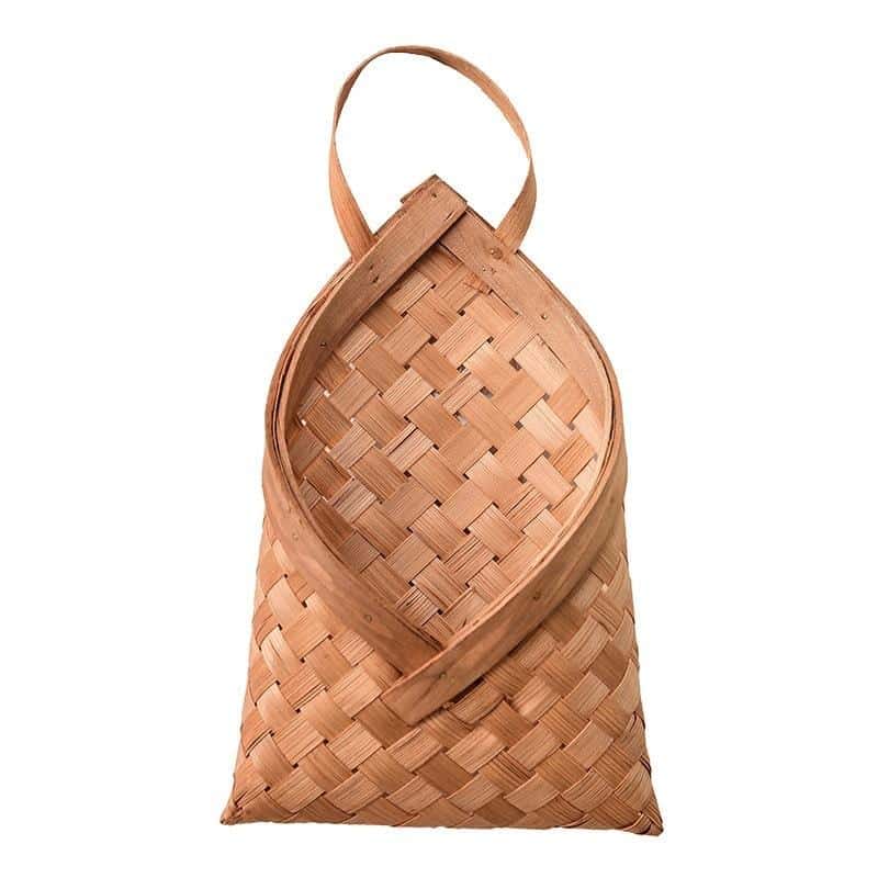 Envelope shaped woven wood chip wall basket with strap