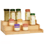 Expandable three tier bamboo spice rack for a cupboard or counter