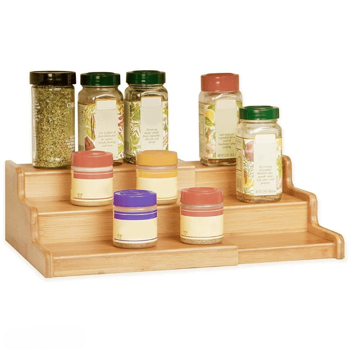 Expandable three tier bamboo spice rack for a cupboard or counter