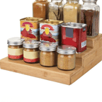 Expandable three tier bamboo spice rack for a cupboard or counter