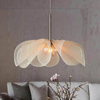Beige fabric chandelier shaped like a large flower on an iron frame