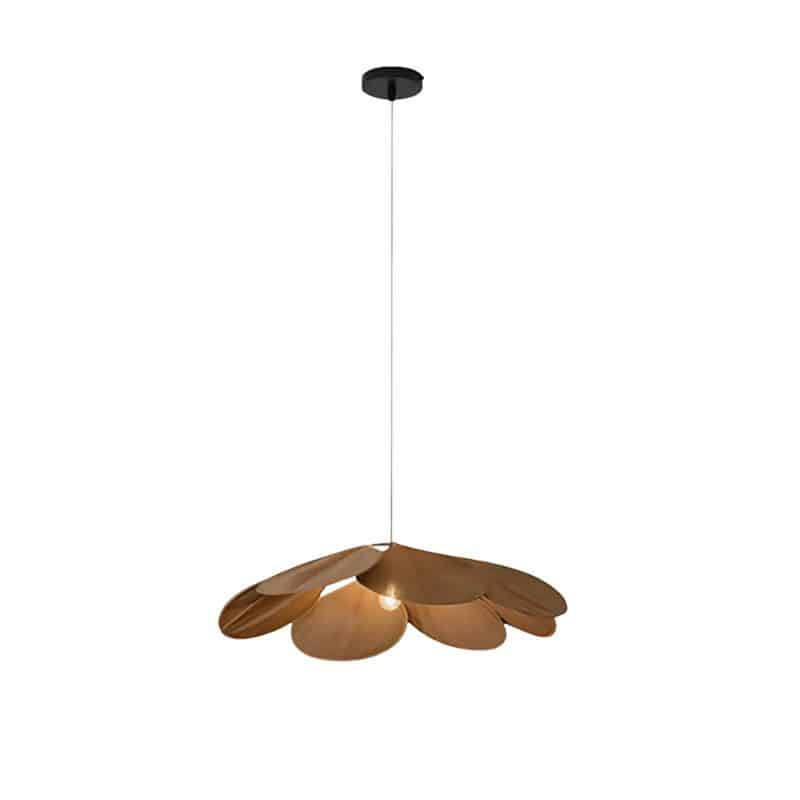 Large flower shaped fabric petal pendant light over a bed