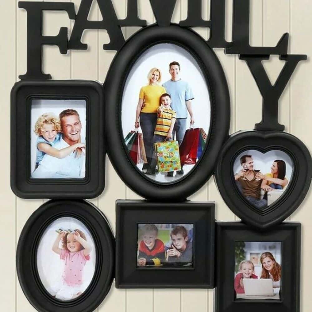 Black family collage frame with six photos and FAMILY lettering