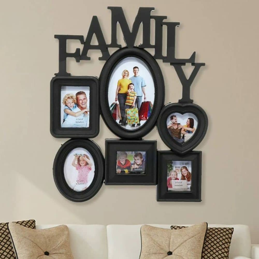 Black family collage frame with six photos and FAMILY lettering