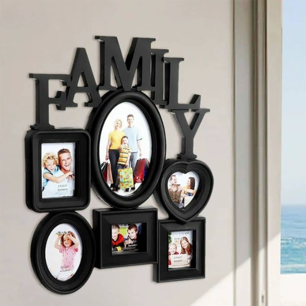 Black family collage frame with six photos and FAMILY lettering