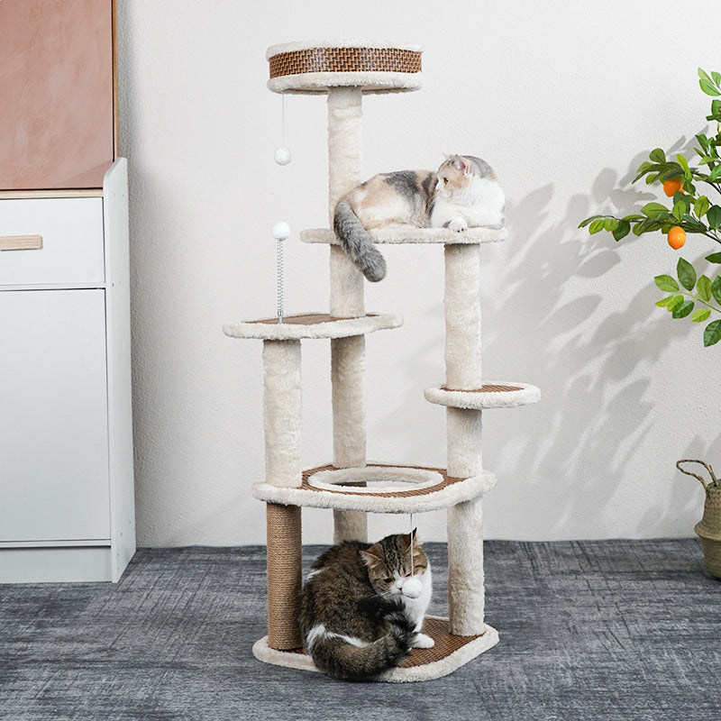 Tall beige cat tree with five levels, plush perches and woven platforms