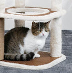 Tall beige cat tree with five levels, plush perches and woven platforms