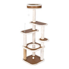 Tall beige cat tree with five levels, plush perches and woven platforms