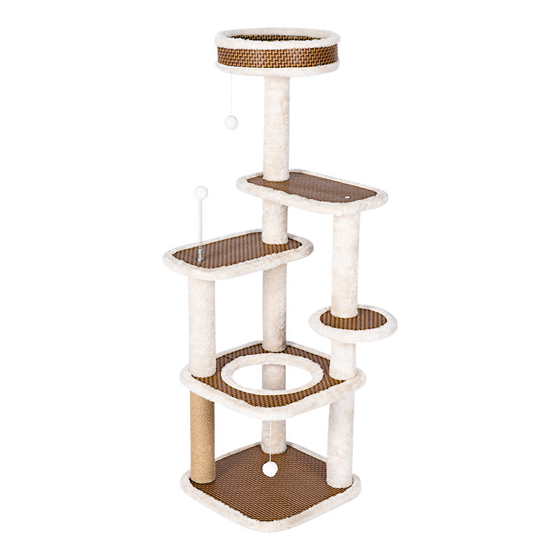 Tall beige cat tree with five levels, plush perches and woven platforms