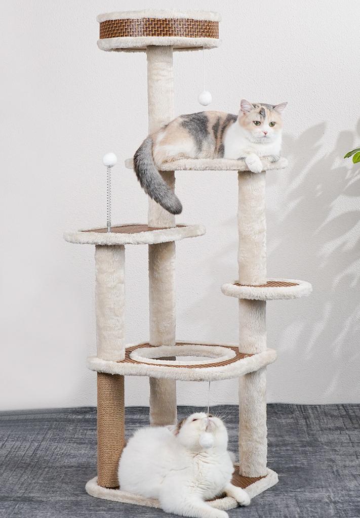 Tall beige cat tree with five levels, plush perches and woven platforms