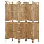 Brown five panel folding room divider with tightly woven bamboo slats