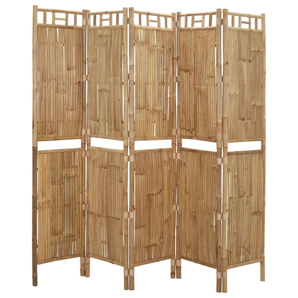 Brown five panel folding room divider with tightly woven bamboo slats