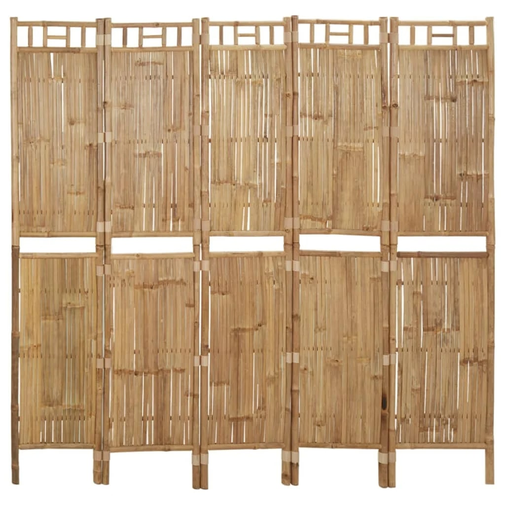 Brown five panel folding room divider with tightly woven bamboo slats