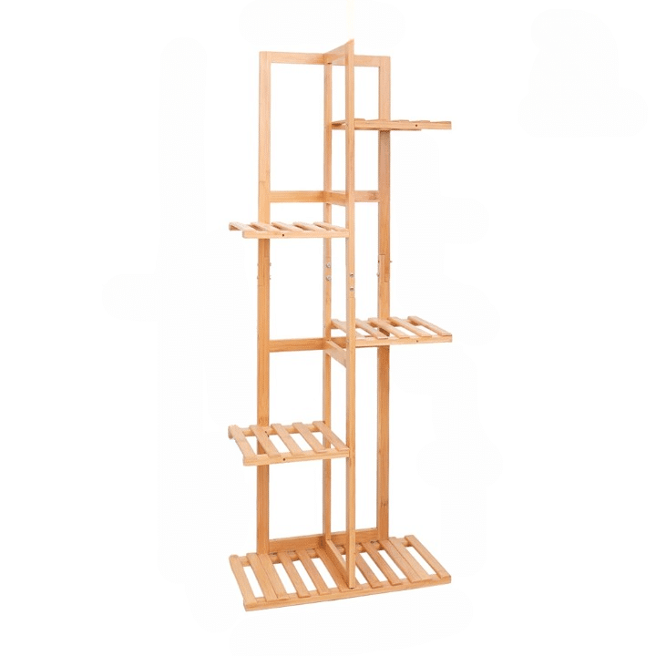 Tall five tier bamboo plant stand shelf in natural beige