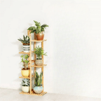 Tall five tier bamboo plant stand shelf in natural beige
