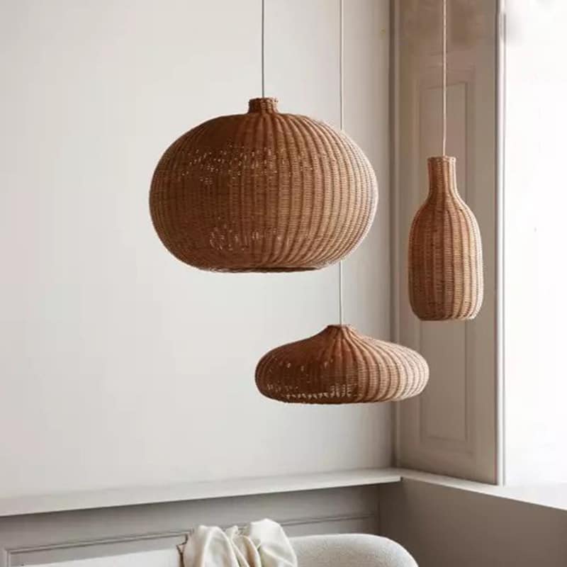 Flat disc pendant light handwoven in rattan and wicker