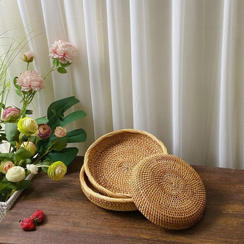 Flat round rattan basket holding nuts
