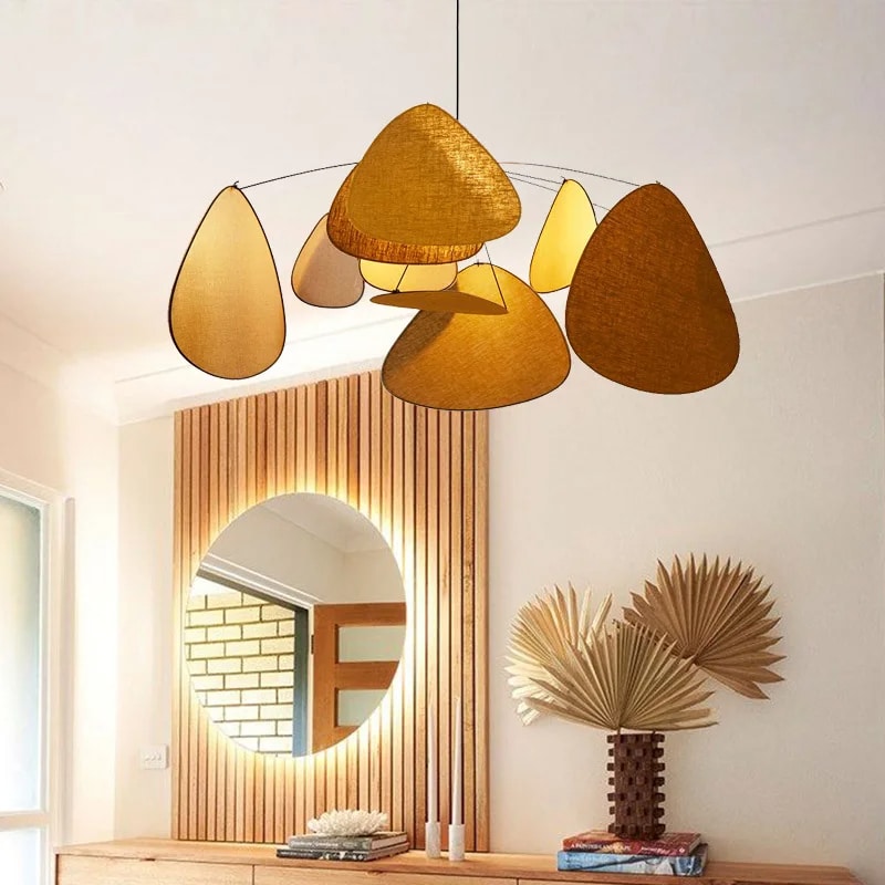 Brown chandelier made of layered floating fabric petals