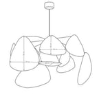 Sculptural chandelier of floating woven bamboo leaf panels over a dining table