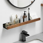 Slim floating wood ledge shelf with aluminum rail holding toiletries