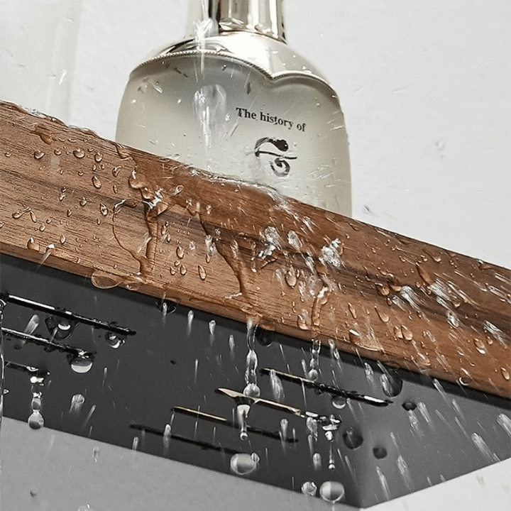 Slim floating wood ledge shelf with aluminum rail holding toiletries