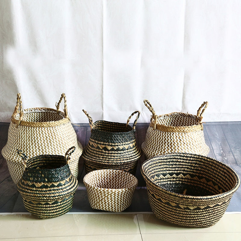 Foldable belly baskets with black and white boho patterns