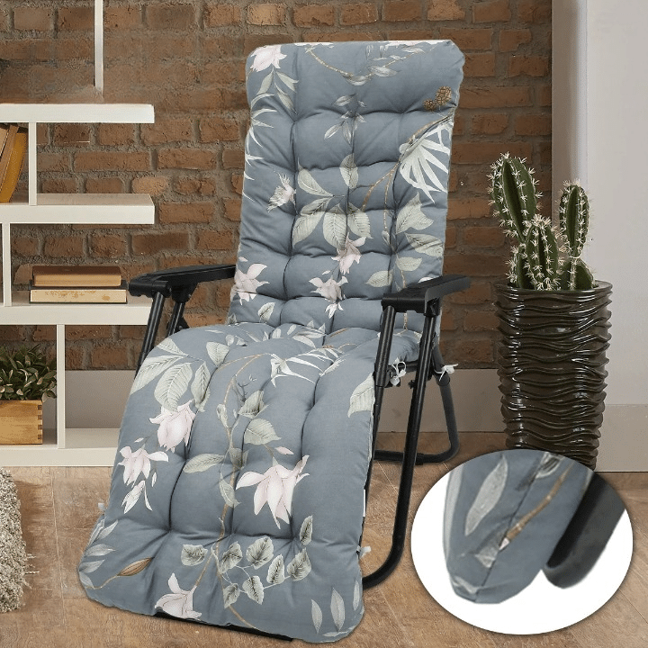 Long foldable gray sun lounger cushion with a delicate floral print