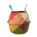 Colorful patchwork woven belly basket with handles