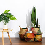 Colorful patchwork woven belly basket with handles