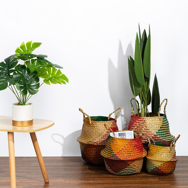 Colorful patchwork woven belly basket with handles
