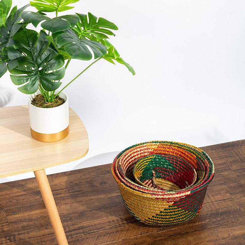 Colorful patchwork woven belly basket with handles