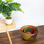 Colorful patchwork woven belly basket with handles
